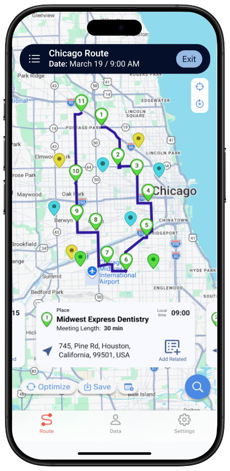 Chicago route map with stops plotted and an optimized path connecting them