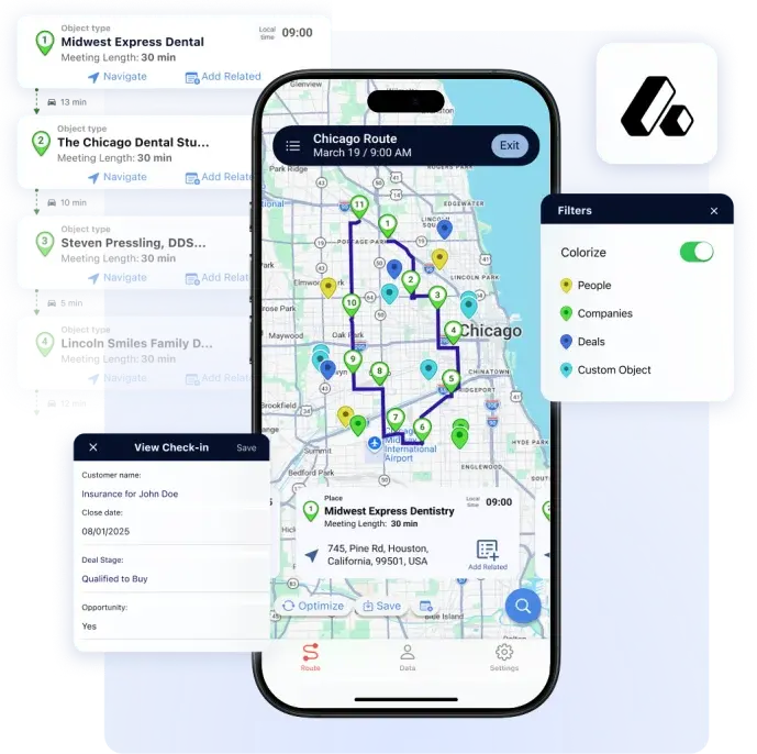 Badger Maps route on a phone with Attio people, companies and deals, colourised on the map