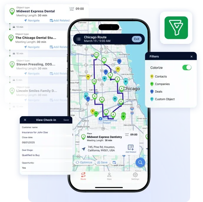 Badger Maps route on a phone with Bigin contacts, companies and deals, colourised on the map