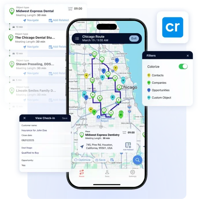 Badger Maps route on a phone with Crelate contacts, companies and opportunities, colourised on the map