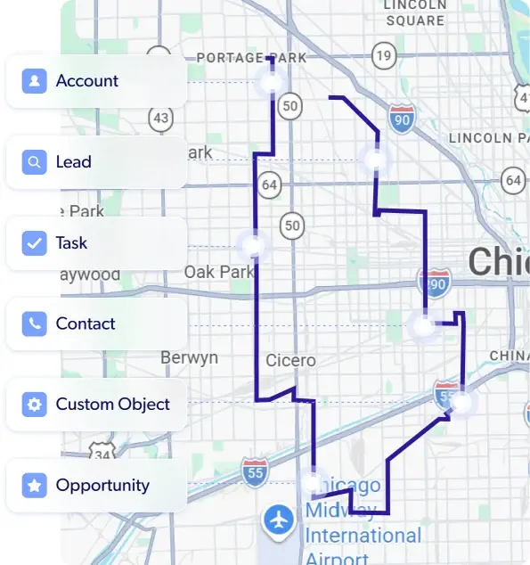CRM accounts, leads, tasks, contacts, custom objects and opportunities pinned along a route on a map
