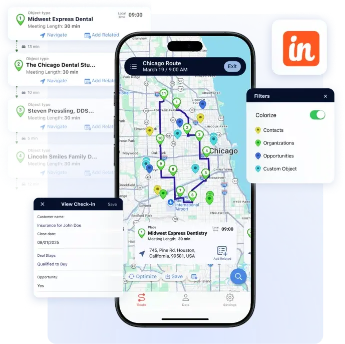 Badger Maps route on a phone with Insightly contacts, organizations and opportunities, colourised on the map