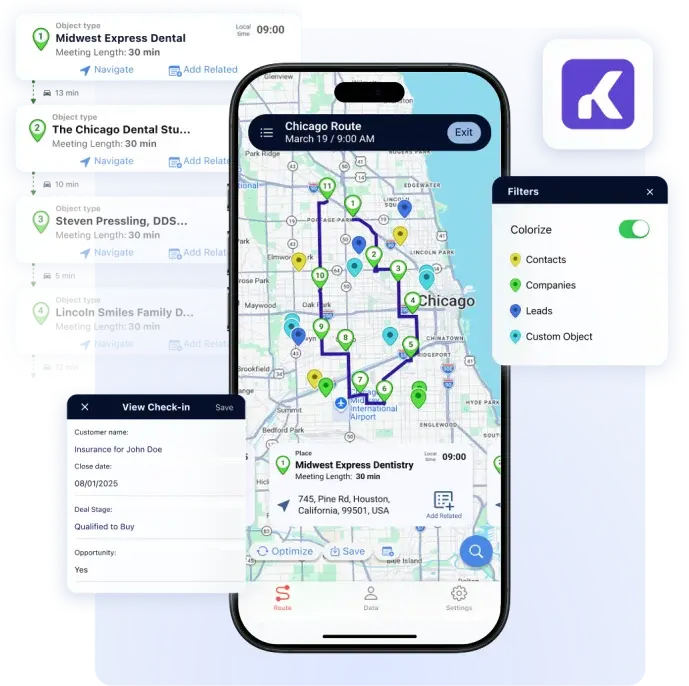 Badger Maps route on a phone with Kommo contacts, companies and leads, colourised on the map