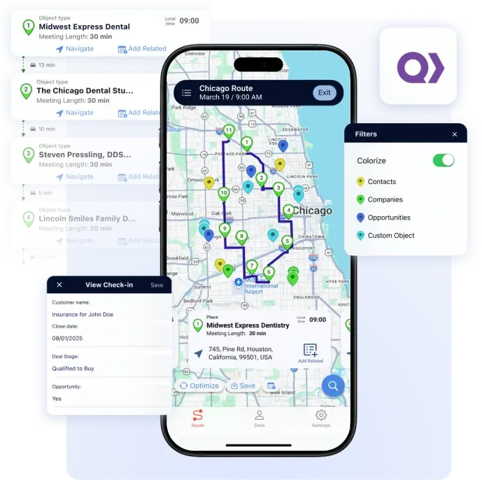 Badger Maps route on a phone with Quickbase contacts, companies and opportunities, colourised on the map