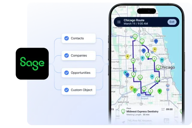 Sage Sales Management contacts, companies and opportunities and custom objects flowing into Badger Maps