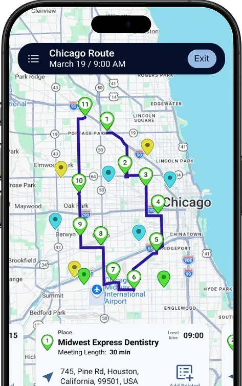 Badger Maps route for the day on an iPhone, with each Salesforce record pinned on the map