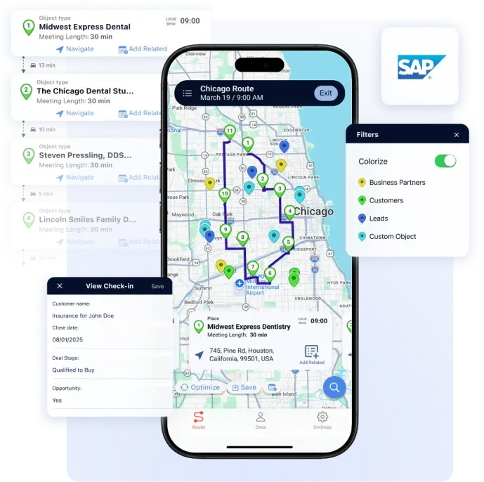 Badger Maps route on a phone with SAP business partners, customers and leads, colourised on the map