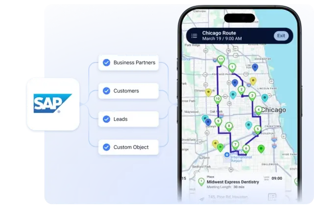 SAP business partners, customers and leads and custom objects flowing into Badger Maps
