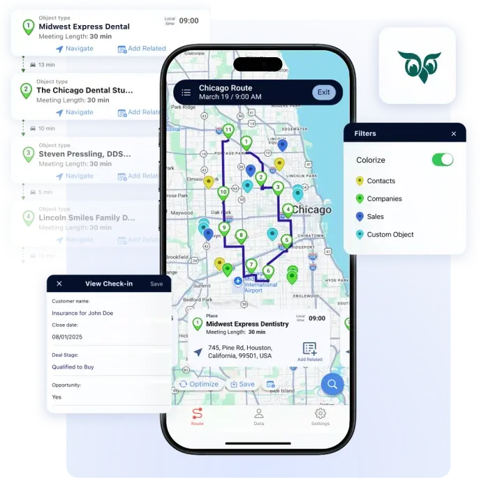Badger Maps route on a phone with SuperOffice CRM contacts, companies and sales, colourised on the map