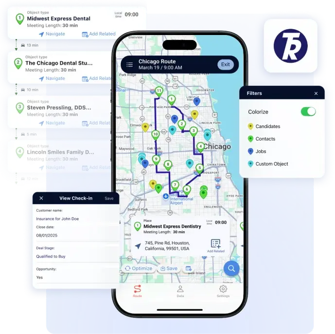 Badger Maps route on a phone with Target Recruit candidates, contacts and jobs, colourised on the map