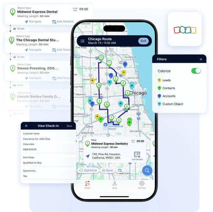 Badger Maps route on a phone with Zoho leads, contacts and accounts, colourised on the map