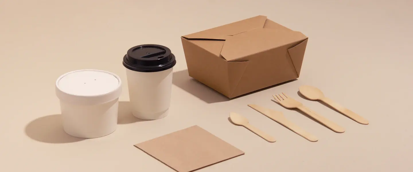 A takeout packaging set: a soup cup, coffee cup, kraft food box and wooden cutlery