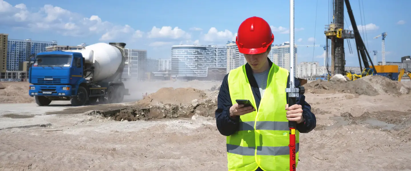 A surveyor in a hard hat checking his phone on a construction site