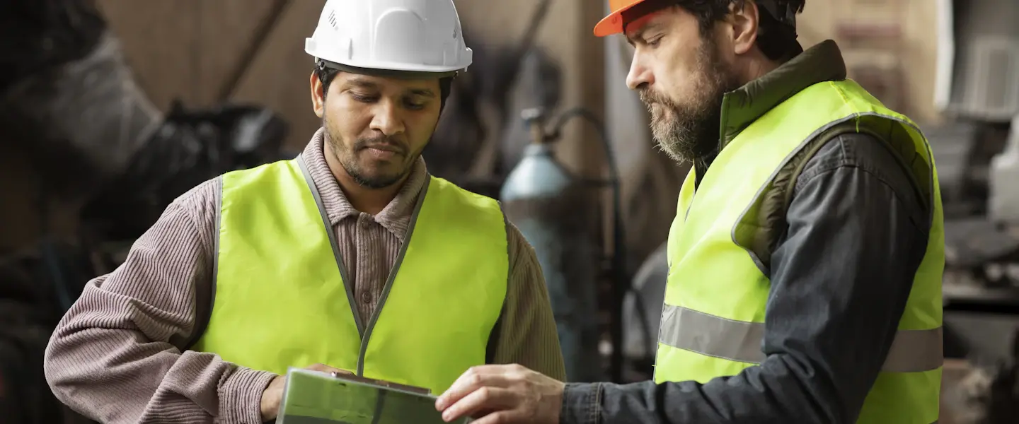 Two men in safety vests going over a parts order in a workshop