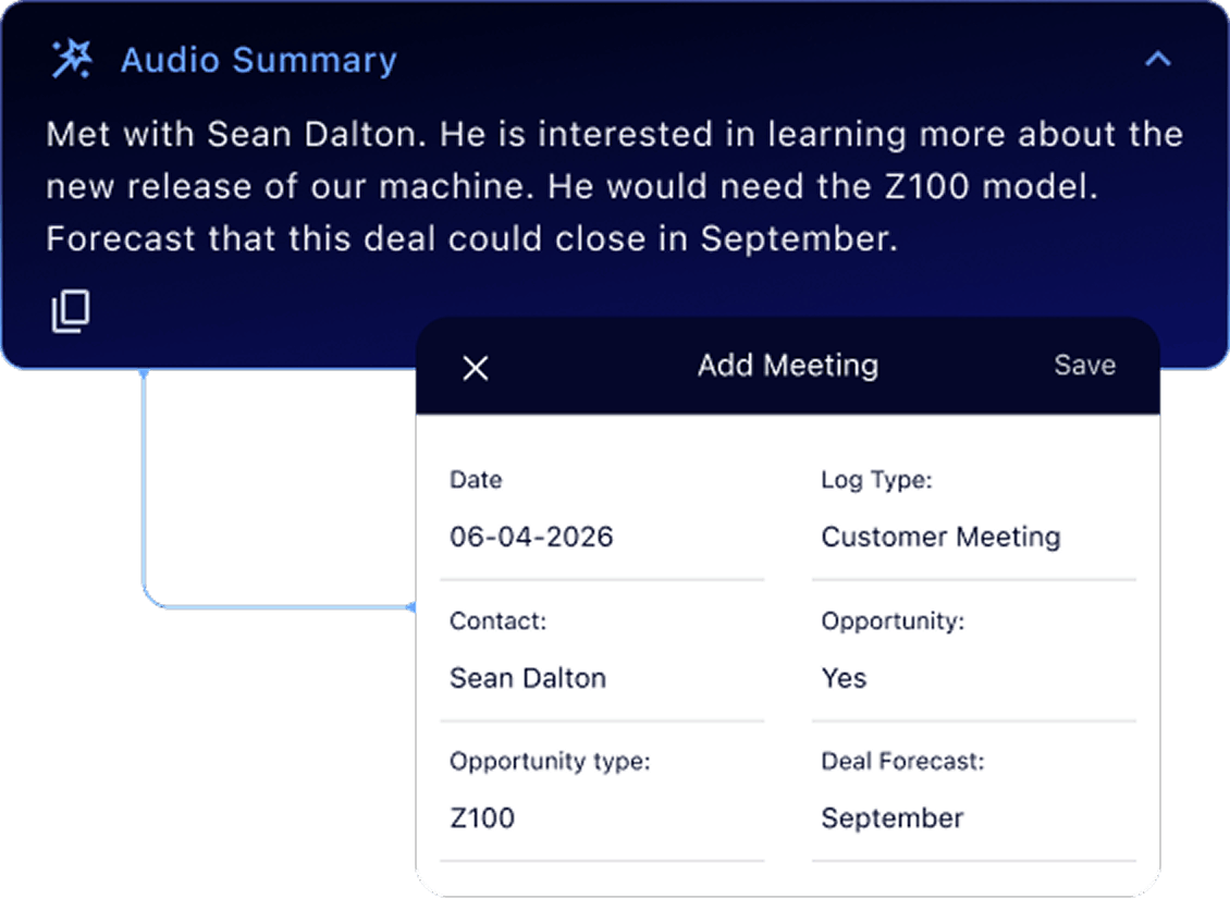 Badger AI voice to CRM — audio summary and meeting log